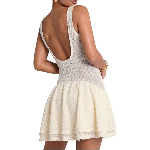 Women's Summer Crochet Mini Dress Deep V Sleeveless Ruffle Vacation Party - Picture 2 of 5